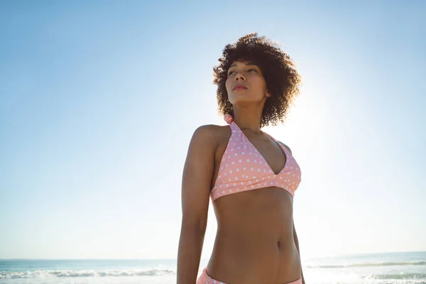 Front View Thoughtful African American Woman Bikini Standing Beach — Zdjęcie stockowe