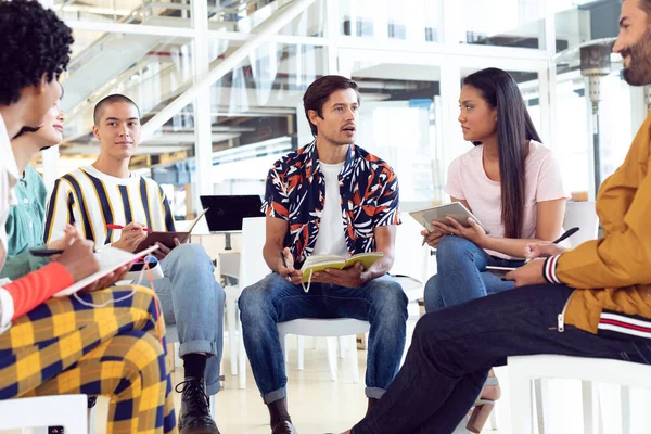 Front View Diverse Business People Sitting Together Having Group Discussion — Stock Photo, Image