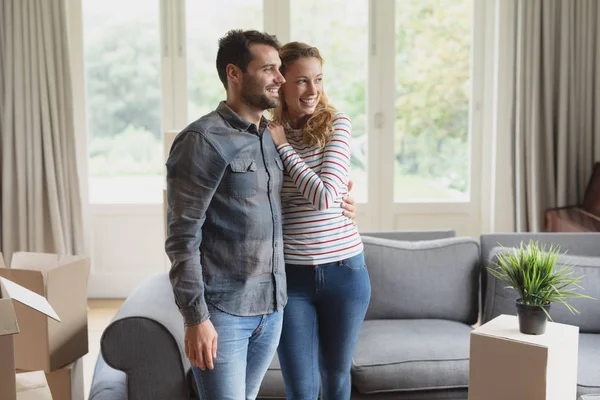 Front View Happy Beautiful Caucasian Couple Looking Away New Home — Stock Photo, Image