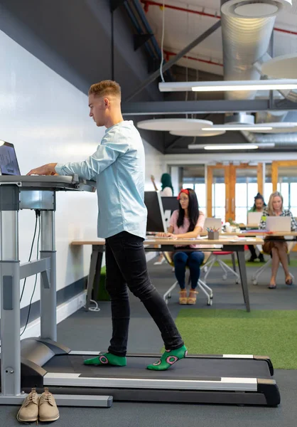 Side View Caucasian Businessman Working Laptop While Exercising Treadmill Modern — Stock Photo, Image