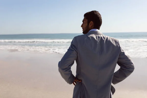 Rear View Young Mixed Race Businessman Standing Hands Hips Beach — Stock Photo, Image