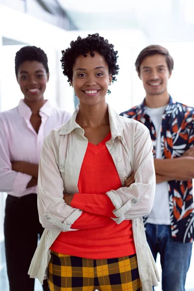 Front View Young Diverse Business People Arms Crossed Looking Camera — Stock Photo, Image