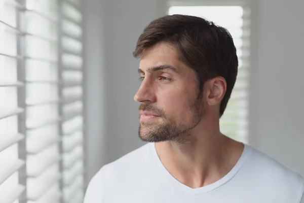 Side View Thoughtful Caucasian Man Looking Window Blind Home — Stock Photo, Image
