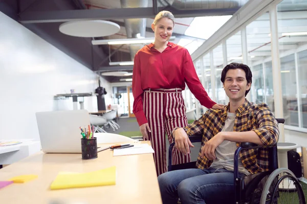 Front View Caucasian Male Female Fashion Designers Looking Camera Desk — Stock Photo, Image