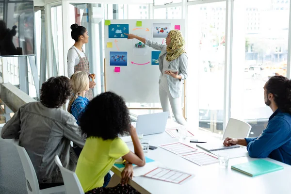 現代のオフィスでの会議中にフリップチャートでプレゼンテーションを行うヒジャーブの混合人種ビジネスウーマンの正面図 — ストック写真