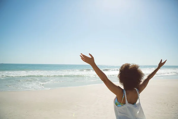 Rear View Mixed Race Woman Standing Arms Outstretched Beach — Stock Photo, Image