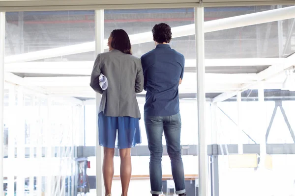 Rear View Diverse Male Female Architects Looking Window Office — Stock Photo, Image