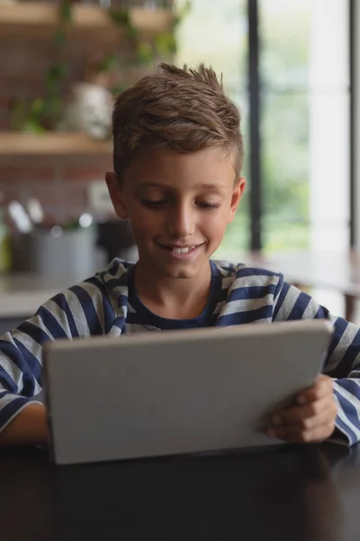 Front View Happy Caucasian Boy Using Digital Tablet Table Kitchen — Stock Photo, Image