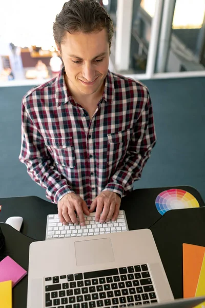 High View Caucasian Male Graphic Designer Working Laptop Desk Office — Stock Photo, Image