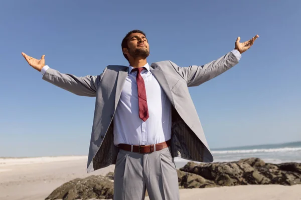 Front View Young Mixed Race Businessman Standing Arms Outstretched Eyes — Stock Photo, Image
