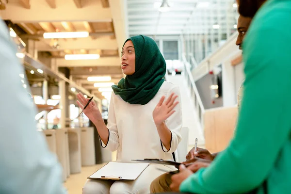 Front View Diverse Business People Sitting Together Having Group Discussion — Stock Photo, Image