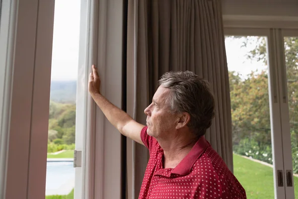 Side View Thoughtful Active Senior Caucasian Man Looking Window Comfortable — Stock Photo, Image