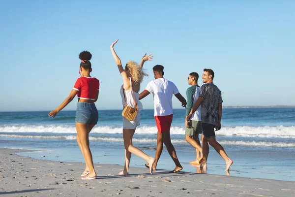 Rear View Group Happy Different Friends Walking Together Fun Beach — стоковое фото