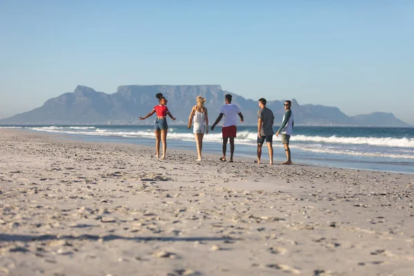 Rear View Diverse Friends Walking Together Beach — Stock Photo, Image