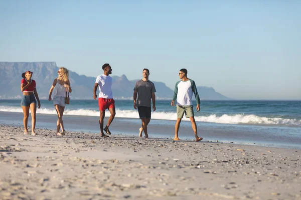 Вид Сбоку Группу Счастливых Друзей Гуляющих Вместе Веселящихся Пляже — стоковое фото