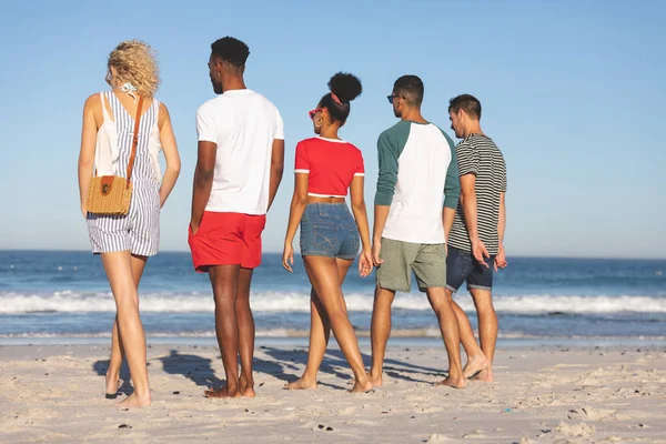 Vista Trasera Diversos Amigos Caminando Juntos Playa — Foto de Stock