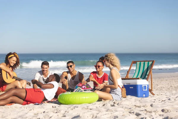 Front View Group Happy Diverse Friends Having Fun Together Beach — Stock Photo, Image