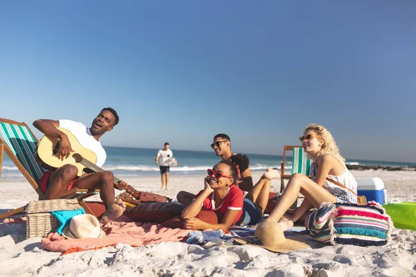 Front View Group Happy Diverse Friends Having Fun Together Beach — Stock Photo, Image