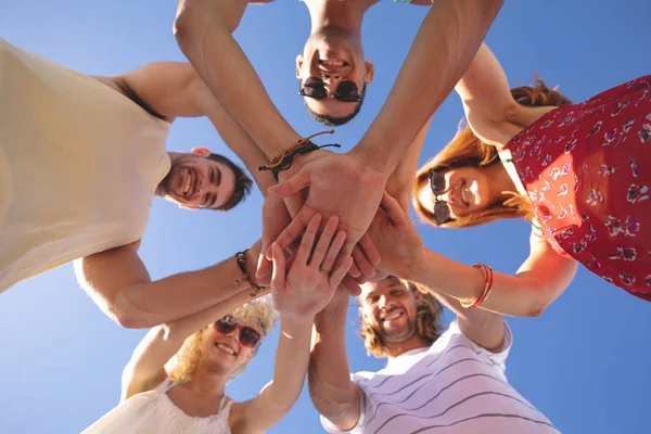 Portrait Group Young Diverse Friends Forming Hand Stack Beach — Stock Photo, Image