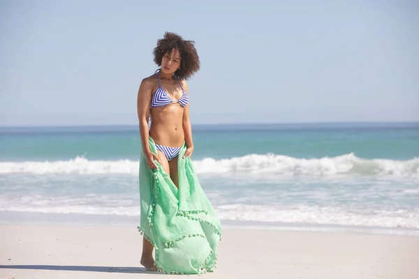 Front View African American Woman Bikini Scarf Standing Beach — Stock Photo, Image