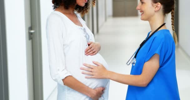 Врач взаимодействует с беременной женщиной в коридоре — стоковое видео