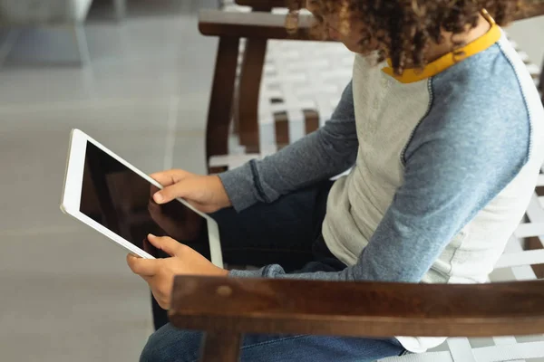 Mid Section Mixed Race Boy Using Digital Tablet Lobby Hospital — Stock Photo, Image