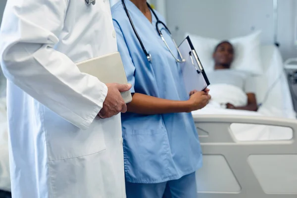 Mid Section Diverse Male Female Doctors Holding Digital Tablet Clipboard — Stock Photo, Image