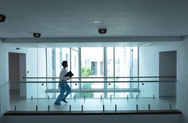 Side View African American Female Doctor Running Corridor Hospital — Stock Photo, Image