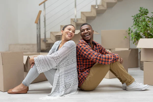 Front View Happy African American Couple Sitting Back Back Living — Stock Photo, Image