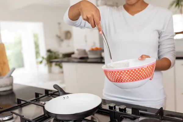 Mid Section African American Woman Preparing Food Kitchen Home — Stock Photo, Image