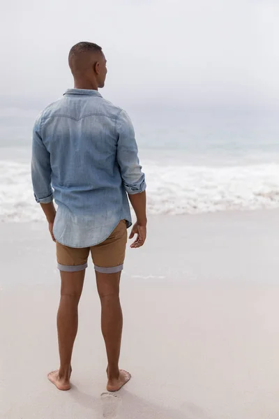 Bakifrån Tankeväckande Afroamerikansk Man Tittar Havet Stranden — Stockfoto