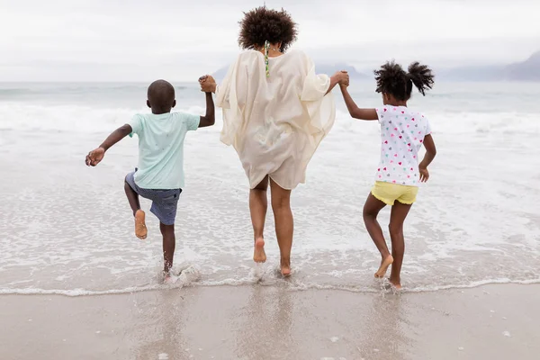 Hátoldali Afro Amerikai Anya Gyermekek Együtt Játszanak Strandon — Stock Fotó