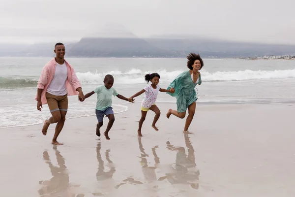 ビーチで手をつないで一緒に歩く幸せなアフリカ系アメリカ人の家族の側面図 — ストック写真