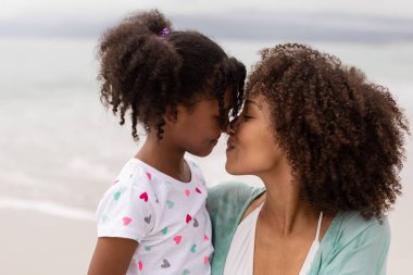 Side view close up of happy young mixed-race mother and daughter rubbing noses at beach on a sunny day. clipart