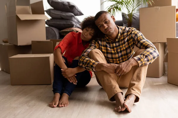 Front View Unhappy African American Couple Sitting Together Living Room — Stock Photo, Image