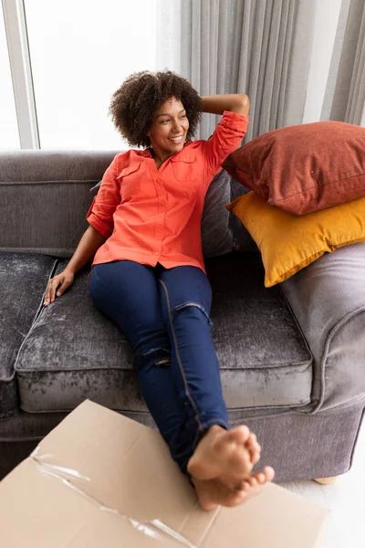 Front View Happy Mixed Race Woman Relaxing Sofa Her Bare — Stock Photo, Image