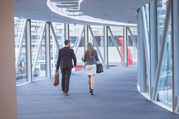 Rear View Caucasian Business People Walking Together Corridor Modern Office — Stock Photo, Image