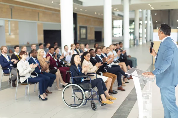 Side View Mature Caucasian Businessman Doing Speech Conference Room — Stock Photo, Image