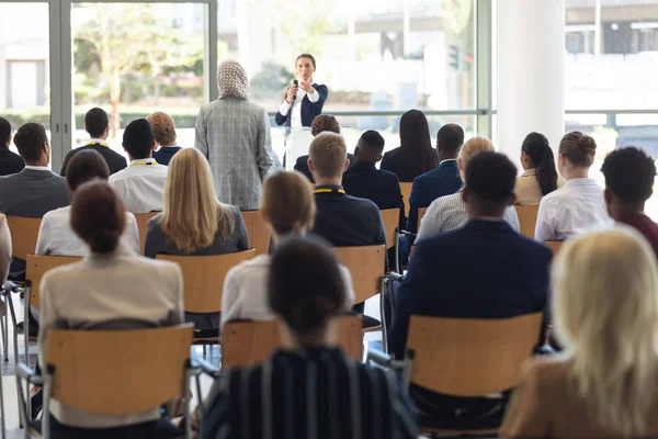 Front View Mature Caucasian Businesswoman Doing Speech Answering Questions Conference — Stock Photo, Image