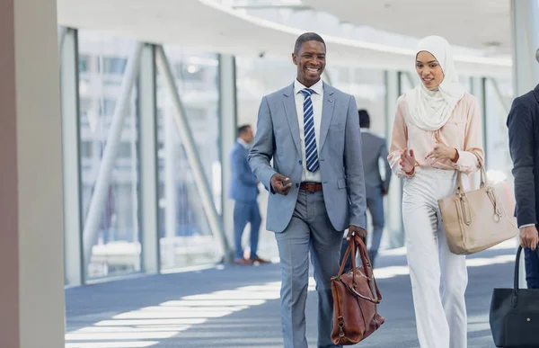 Front View Diverse Business People Walking Corridor Modern Office — Stock Photo, Image