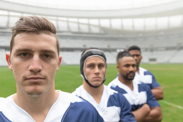 Portrait Diverse Male Rugby Players Standing Together Stadium — Stock Photo, Image