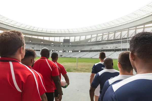 Visão Traseira Das Equipes Rugby Que Estão Uma Fileira Entrada — Fotografia de Stock