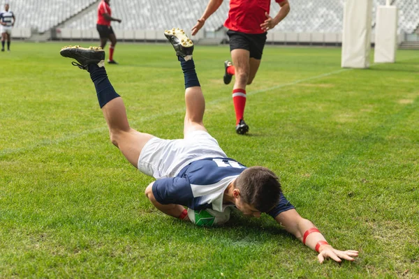 Front View Group Diverse Male Rugby Players Playing Rugby Stadium — Stock Photo, Image