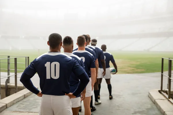 Visão Traseira Jogadores Rugby Masculinos Diversos Que Estão Entrada Estádio — Fotografia de Stock