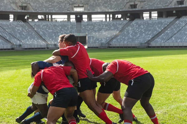 Front view of group of diverse male rugby players playing rugby match in stadium on sunny day.