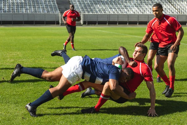 Utsikt Grupper Aktive Mannlige Rugbyspillere Som Spiller Rugby Stadion Hvit – stockfoto