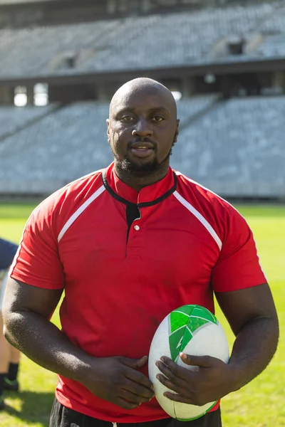 Portrait Close Handsome African American Rugby Player Standing Rugby Ball — Stock Photo, Image