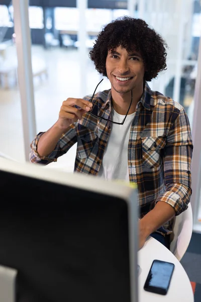 Portrait Young Mixed Race Male Graphic Designer Smiling Desk Office — Stock Photo, Image
