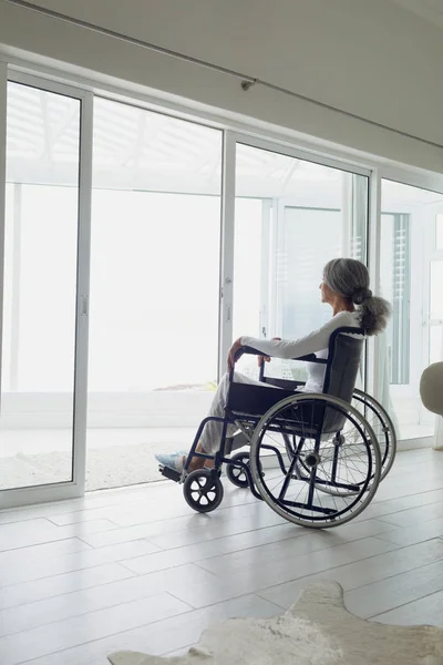 Side View Woman Wheelchair Looking Indoor Authentic Senior Retired Life — Stock Photo, Image