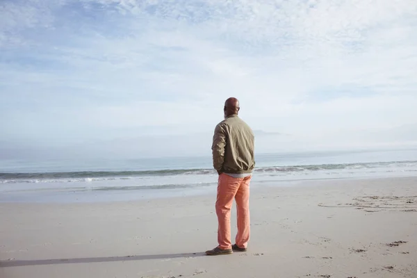 Vista Trasera Hombre Afroamericano Mayor Guapo Mirando Mar Mientras Está —  Fotos de Stock